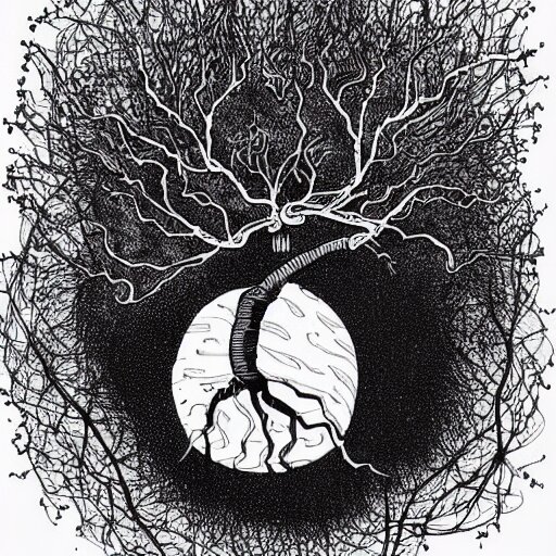 black and white ink doodle illustration of an ancient tree floating in outer space, overgrown with funghi, style by peter deligdisch, peterdraws 