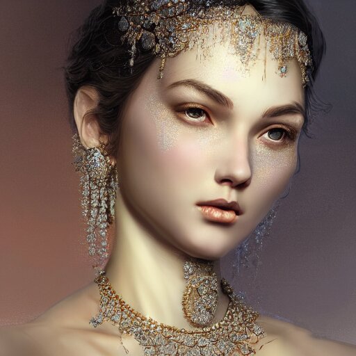 a beautiful portrait of a diamond goddess with glittering skin, a detailed painting by greg rutkowski and raymond swanland, behance contest winner, photorealism, behance hd, daz 3 d, zbrush 