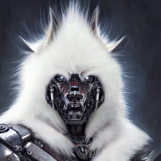 portrait painting of a cybernetic werewolf warrior with white fur and silver fangs wearing black power armor, ultra realistic, concept art, intricate details, eerie, highly detailed, photorealistic, octane render, 8 k, unreal engine. art by artgerm and greg rutkowski and alphonse mucha 