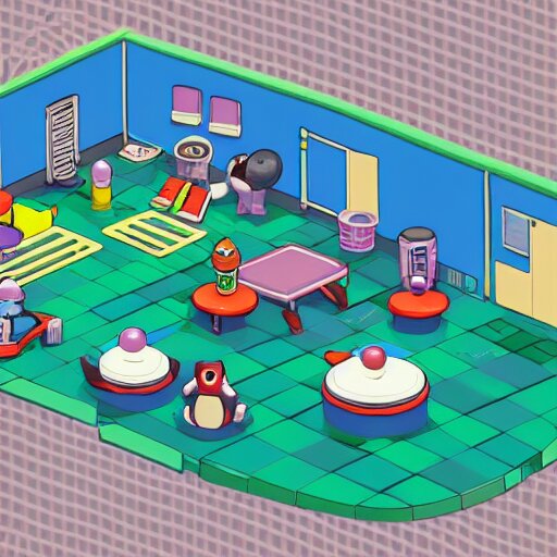 a chubby cute pokemon gym room, 3 d illustration, isometric, 1 0 0 mm, studio lighting 