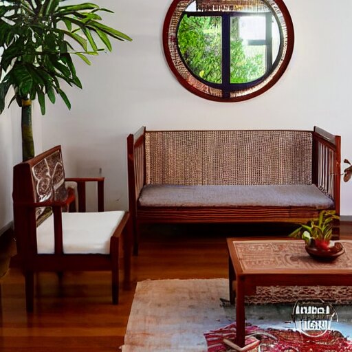 living room interior design with assamese traditional gamosa textured furniture, mekhela sador motif design pattern walls and floor, teak table, japandi, ikea, sunny, warm wood, urban jungle plants, small kitchen table, indian antique chairs, round mirror on the wall, light - brown wall, mid - century sofa indian architecture 