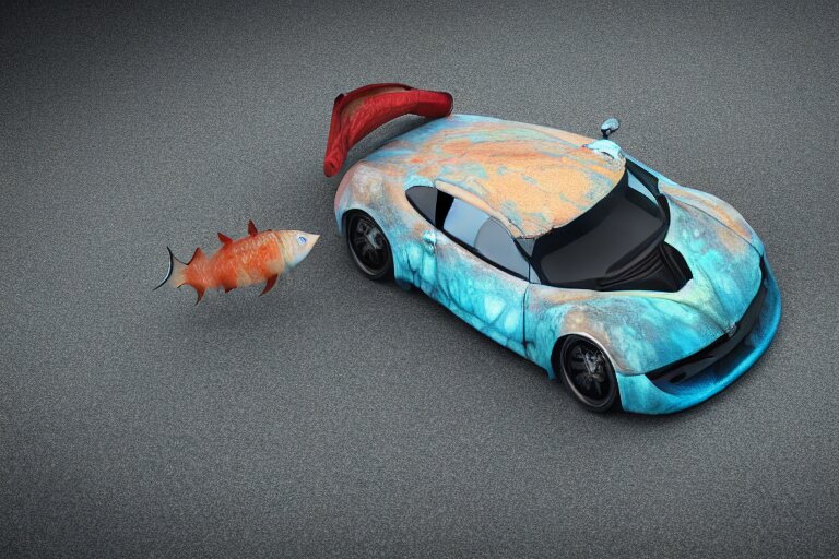 car made of fish, half car half fish, car with fins and gills, underwater fishy car, coral, luxury fish sports car, hd render 4 k, shiny materials, big bulging fish eyes, road 