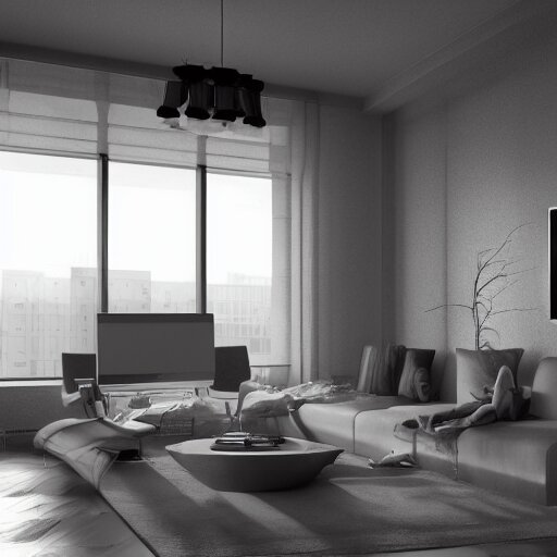 living room concept render, octane render, inspired by soviet cities, brutalist, futuristic, well illuminated, cold 