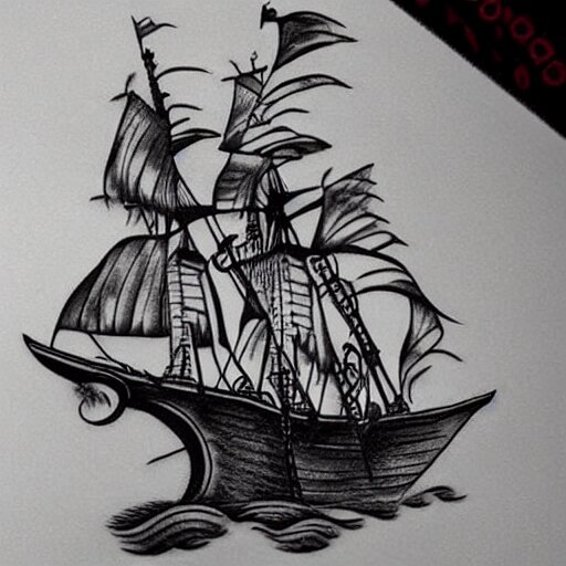 A pirate ship tattoo design in the style of Dmitriy Samohin, hyper realistic tattoo