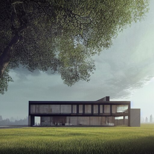 rectangular modernist house inspired by a tibetan palace, atrium, two levels, in a field, big trees, clouds, dramatic lighting, artstation, matte painting, raphael lacoste, simon stalenhag, frank lloyd wright, drone view 