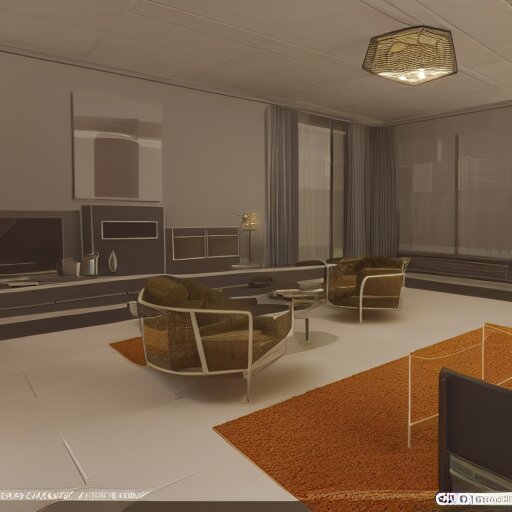 simulated mesh render of a 70s interior with no textures, computer simulation rendered in high detail, 8K UHD