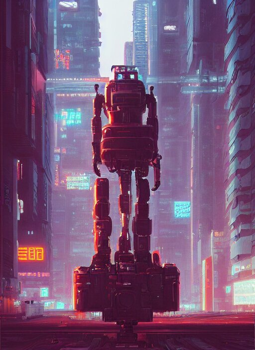 a painting of a giant robot standing in front of a city, cyberpunk art by mike winkelmann, behance contest winner, nuclear art, dystopian art, apocalypse art, sci - fi 