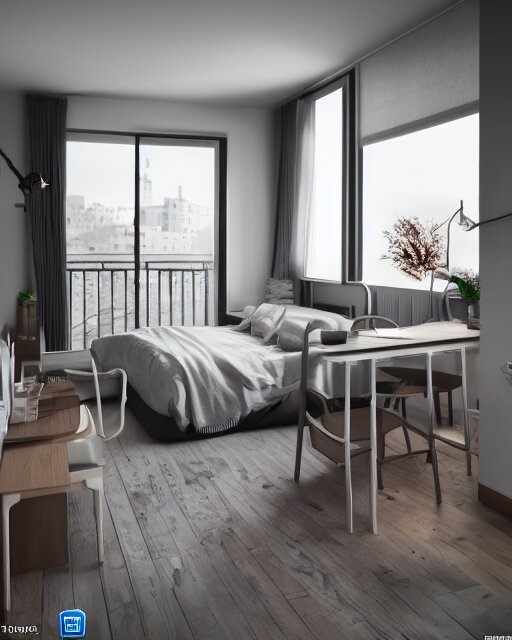 one room apartment, bed, kitchen, door to balcony, cramped, unreal engine 5, hyper realism, realistic shading, cinematic composition, blender render, octane render, hdr, detailed textures, photorealistic, wide shot 