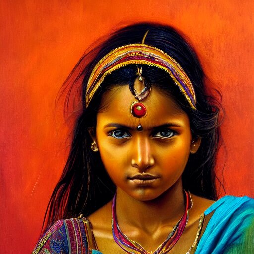 stunning, breathtaking, awe - inspiring award - winning concept art portrait painting by steve mccurry of a beautiful young hindu woman warrior with short, wavy hair, wearing a colorful sari 