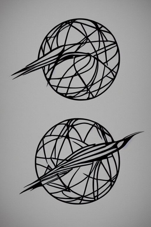 a beautiful tattoo design of minimalist swallows flying into spherical lines and simple basic shapes, black ink, abstract logo, line art 