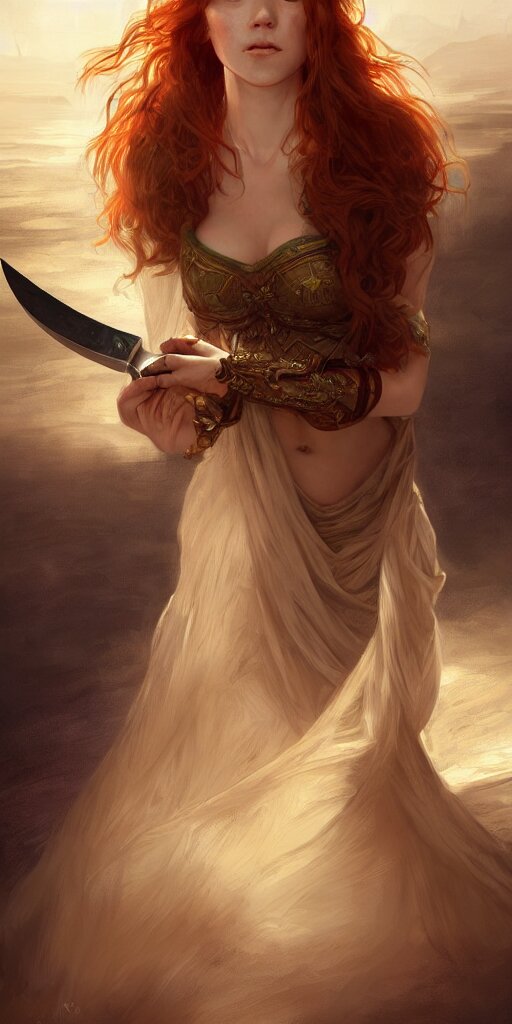 ginger girl with problems dringing in an ancien taver and playing with a knife, magic the gathering, ancient, sand, emerald, intricate, highly detailed, digital painting, artstation, concept art, smooth, sharp focus, illustration, Unreal Engine 5, 8K, art by artgerm and greg rutkowski and alphonse mucha