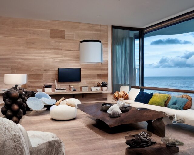 A modern living room inspired by the ocean, a luxurious wooden coffee table with large seashells on top in the center, amazing detail, 8k resolution, calm, relaxed style, harmony, wide angle shot