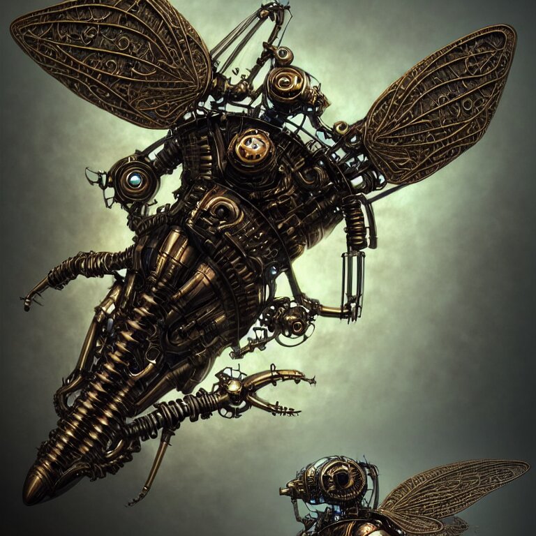 steampunk cybernetic biomechanical fly with wings, 3 d model, unreal engine realistic render, 8 k, micro detail, intricate, elegant, highly detailed, centered, digital painting, artstation, smooth, sharp focus, illustration, artgerm, tomasz alen kopera, wlop 