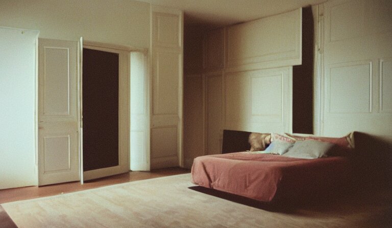 A bedroom designed by Peter Saville, 35mm film, long shot