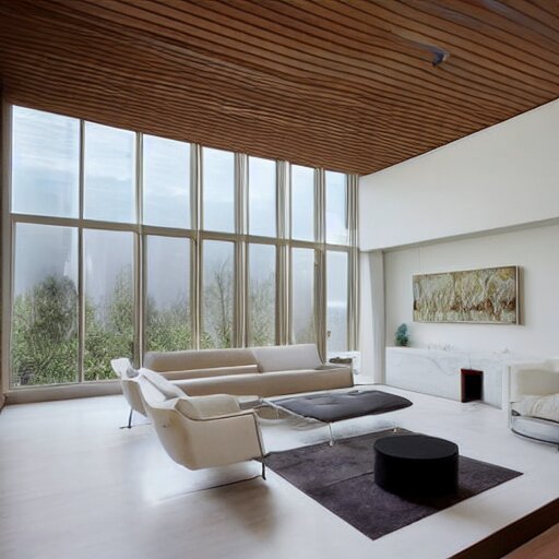 A modern living room with floor to ceiling glass windows on the left and on wooden stairs to the second floor on the right, two white sofas with a white marble table in the center, 8k resolution, professional interior design photograph, wide angle photograph