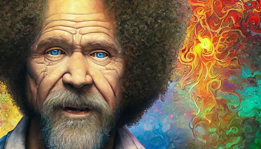 bob ross on a psychedelic trip with an open mouth and glowing eyes, staring, close - up, deep focus, extremely detailed digital painting, vibrant colors, in the style of tomasz alen kopera and fenghua zhong and peter mohrbacher, mystical colors, rim light, beautiful lighting, 8 k, stunning scene, raytracing, octane, trending on artstation 