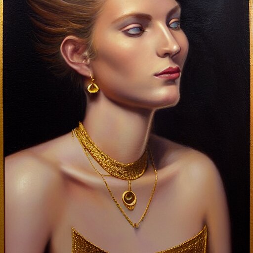 Facial portrait of a gorgeous girl, looking away from the camera, seductive smile, heavy gold jewellery, gold and diamond necklaces, elegant revealing intricate dress, sparkle in eyes, lips slightly parted, long flowing hair, no hands visible, delicate, teasing, arrogant, defiant, bored, mysterious, intricate, extremely detailed painting by Mark Brooks (and by Greg Rutkowski), visible brushstrokes, thick paint visible, no light reflecting off paint, vibrant colors, studio lighting