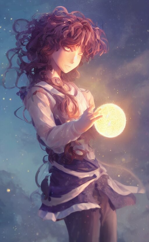 anime girl with curly hair holding a magical orb, WLOP, concept art, digital painting, trending on artstation, highly detailed, epic composition, 8k UHD