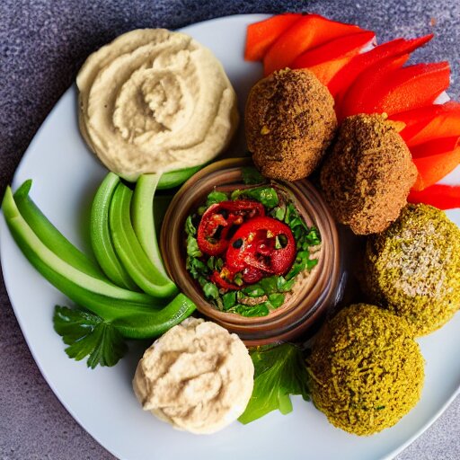 a hummus plate with falafel, food photography 