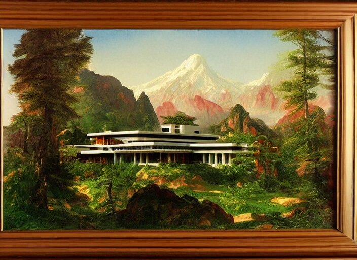 painting of a frank lloyd wright house in front of beautiful mountains by thomas cole 