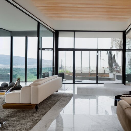 A modern living room with a beautiful white marble table between 2 white sofas ,on the left of the living room there are floor to ceiling glass window and on the right of the living room there are wooden stairs to the second floor, 8k resolution, professional interior design photograph