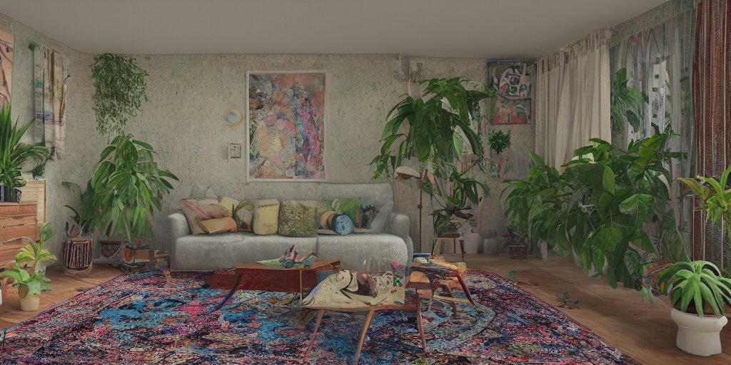 1 9 6 9 living in an older house, hippie pad, hippie chic, antiques, tropical houseplants, beaded curtains, posters on the walls, persian rugs, artstation, v - ray render, 8 k 