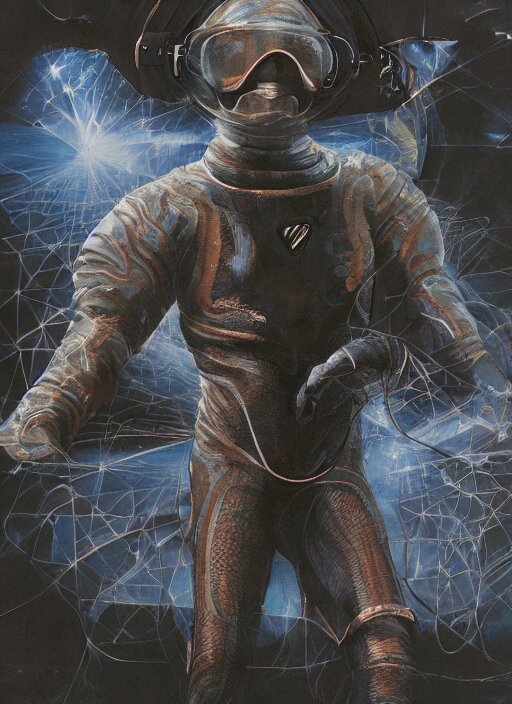 astronaut in dark void underwater - complex and hyperdetailed technical suit design. reflection and dispersion materials. rays and dispersion of light. volumetric light. f / 3 2. noise film photo. flash photography. ultra realistic, 5 0 mm. poster by wayne barlowe, hajime sorayama aaron horkey, craig mullins 