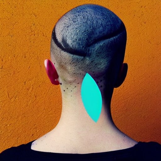 A photograph of a tattoo of a holy ice cream cone, in a circle of glyphs, on the back of a woman's shaved head