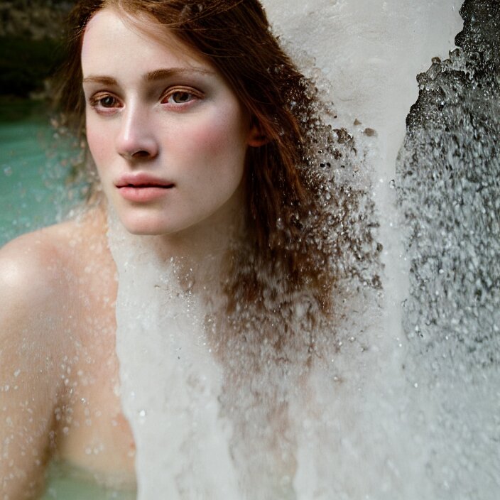 Kodak Portra 400, 8K,ARTSTATION, Caroline Gariba, soft light, volumetric lighting, highly detailed, britt marling style 3/4 ,  extreme Close-up portrait photography of a beautiful woman how pre-Raphaelites, the face emerges from Pamukkale, thermal waters flowing down white travertine terraces ,and hair are intricate with highly detailed realistic beautiful flowers , Realistic, Refined, Highly Detailed, interstellar outdoor soft pastel lighting colors scheme, outdoor fine art photography, Hyper realistic, photo realistic