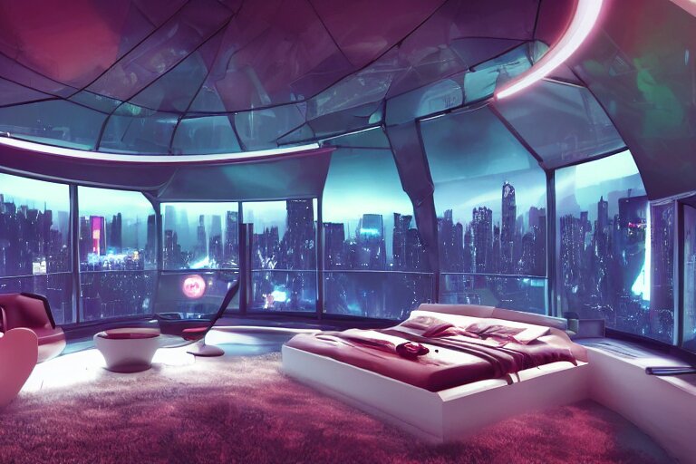 a futuristic bedroom with large curved ceiling high windows looking out to a far future cyberpunk cityscape, flying vehicles and robots passing by outside, night time, cyberpunk neon lights, raining