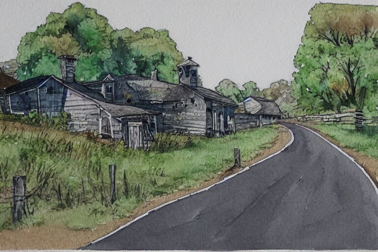 country road store goose watercolor pen trending on artstation 