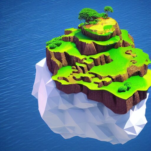 a floating island on an aquatic environment isometric art, south america landscape, low poly art, game art, artstation, 3D render, high detail, cgsociety, octane render