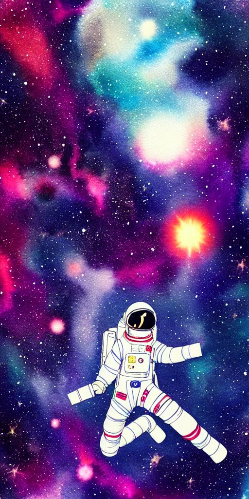 oriental water color of a female astronaut, floating through the void of space, stars are spread out, anime movie, highly detailed 