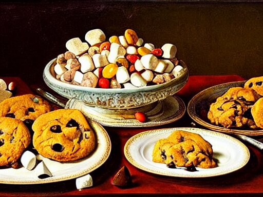 opulent banquet of plates of freshly baked chocolate chip cookies, jelly beans, chocolate sauce, marshmallows, highly detailed, food photography, art by rembrandt 