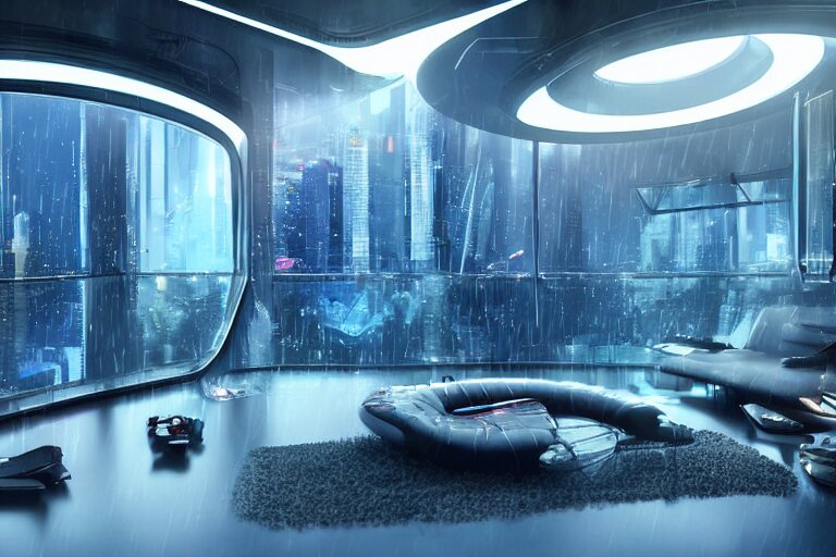 a futuristic bedroom with large curved ceiling high windows looking out to a far future cyberpunk cityscape, cyberpunk neon lights, raining, scifi