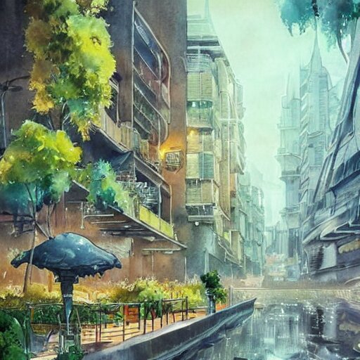 Beautiful happy picturesque charming sci-fi city in harmony with nature. Nature everywhere. Nice colour scheme, soft warm colour. Beautiful detailed watercolor by Lurid. (2022)