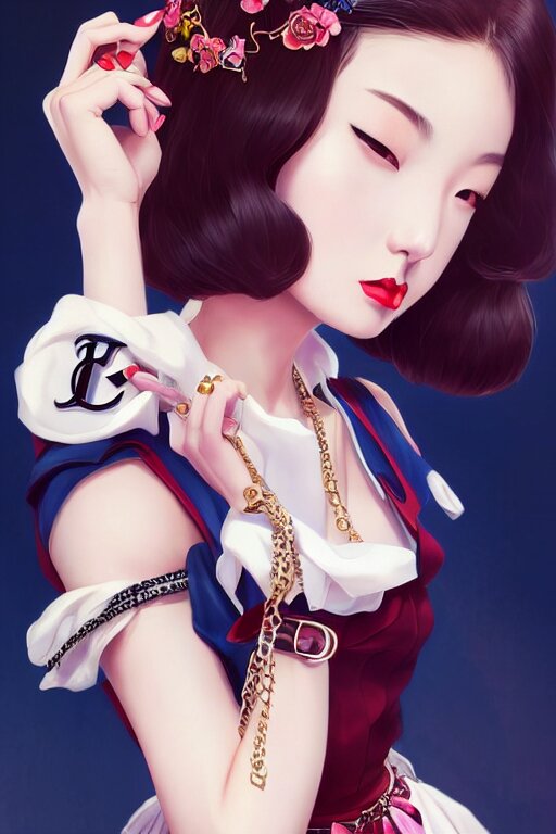 a pin up and beautiful fashion dreamlke japan girl with lv jewelry, character art, art by artgerm and wlop and and ilya kuvshinov, hyperdetailed, 8 k realistic, symmetrical, frostbite 3 engine, cryengine, dof, trending on artstation, digital art, chanel, dior, fantasy background 