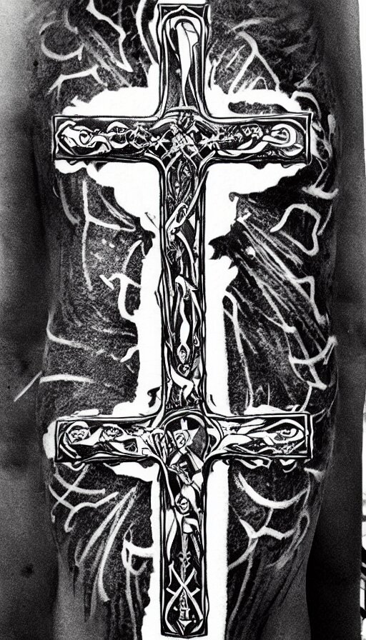 tattoo art, gothic cross with a sky background, white and black 