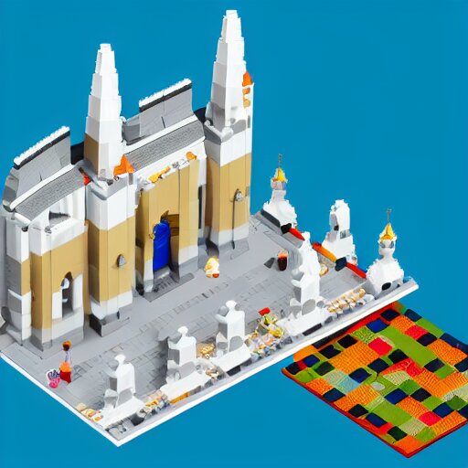 isometric view of a lego church, lego bricks, model church, geometric isometric view 