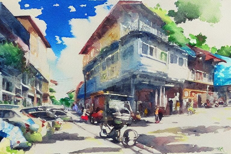 !! watercolor!! penang road in a sunny day, artwork by tooth wu, colorful contrast,!!!! very coherent!!!!, dark shadow, thick lineart 