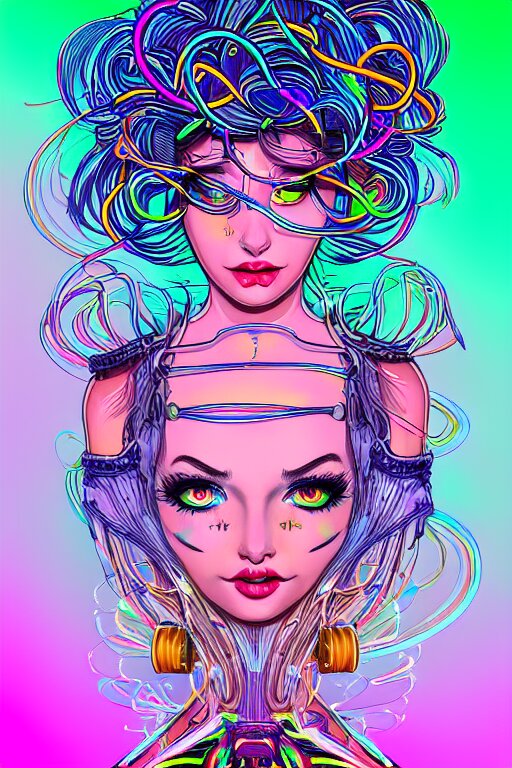 a award winning portrait of a beautiful woman with stunning eyes in a one off shoulder croptop and cargo pants with rainbow colored hair, outlined by whirling illuminated neon lines and fine lines swirling in circles by joe fenton, digital art, trending on artstation 