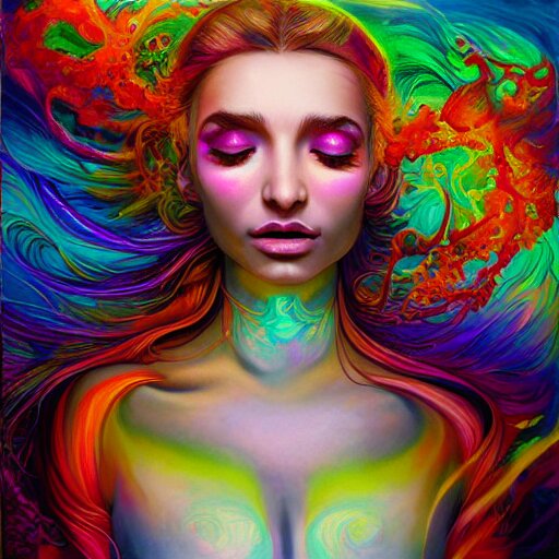 a psychedelic chakra awakening kundalini ethereal portrait of kim petras with her eyes closed transcending to a higher plane of existence, eternal blessing, multiverse, by android jones, by ben ridgeway, by ross draws, by noah bradley, by maciej kuciara, visionary art, oil painting, artgerm, featured on artstation, cgsociety, greg rutkowski 