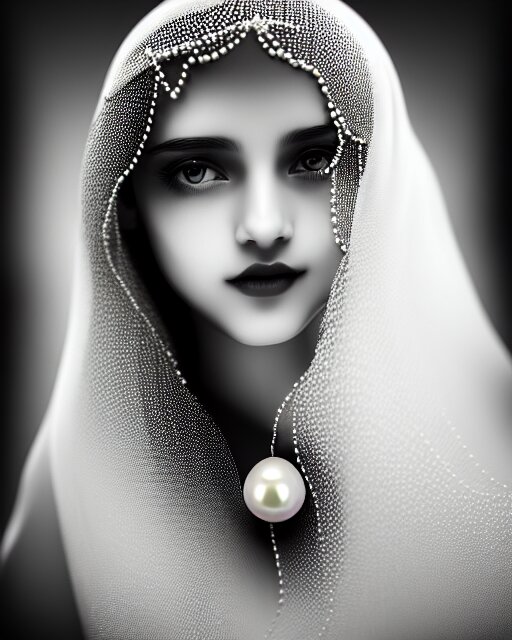 black and white dreamy young beautiful veiled female artificial intelligence, realistic pearl ornament in the face, long hair are intricate with highly detailed realistic pearls, cinematic, rim light, bokeh, photo - realistic, elegant, high detail, 8 k, masterpiece, photo taken in 1 9 3 0 