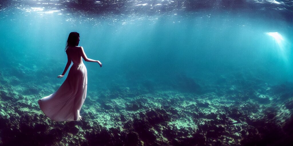 deep underwater photography of beautiful model in flat dress concert hall by emmanuel lubezki 