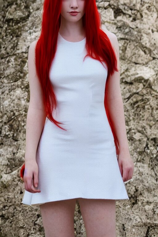 a photo of a 2 0 years old red haired girl wearing a 1 9 9 0 s white dress, photorealistic, 1 4 k hd quality, highly detailed, vibrant, more coherent, super high quality, hyper realistic, tan skin 