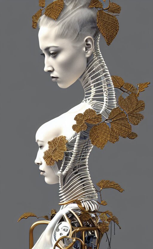 complex 3 d render hyper detailed ultra sharp of a beautiful porcelain profile woman face, mechanical cyborg, 1 5 0 mm, beautiful abundant natural soft light, rim light, studio light, big autumn leaves and stems, sinuous roots, fine foliage lace, silver gold filigree details, alexander mcqueen high fashion haute couture, pearl earring, art nouveau fashion embroidered, steampunk, mesh wire, hyperrealistic, mandelbrot fractal, anatomical, red lips, white metal armor, facial muscles, cable wires, microchip, elegant, octane render, h. r. giger style, 8 k 