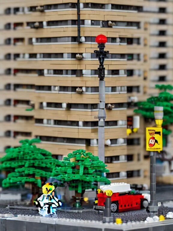 detailed miniature lego diorama a soviet residential building, brutalism architecture, car parking nearby, elderly man passing by, warm and joyful atmosphere, summer, streetlamps, several birches nearby 