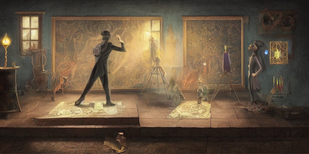 lonely aristocrat examining the mysteries of tarot cards on a magical blackboard, background is magical blackboard with chalk drawings of tarot cards,, fantasy art, matte painting, high quality, digital painting, artwork by tony sart 