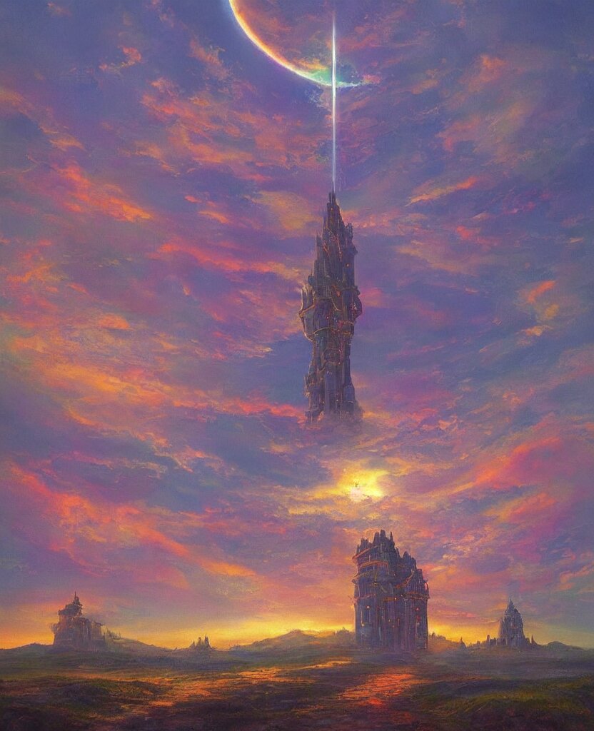 “ a landscape painting in the style of noriyoshi ohrai of a holy tower, it is a glowing fortress and has iridescent mana radiating from it into the aether. it is centered. the background is the sky at dawn. retrofuturistic fantasy ” 