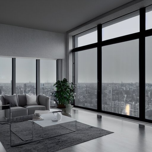 brutalist penthouse open living room, big windows, showing city landscape on background, minimalist architecture, minimalist furniture, octane render, high quality, 8 k, post production 